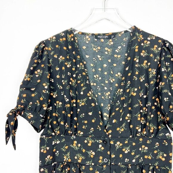 Nasty Gal Dress Women's 8 Black Orange Tea Floral Button Down Cinched Waist Mini - Picture 3 of 16